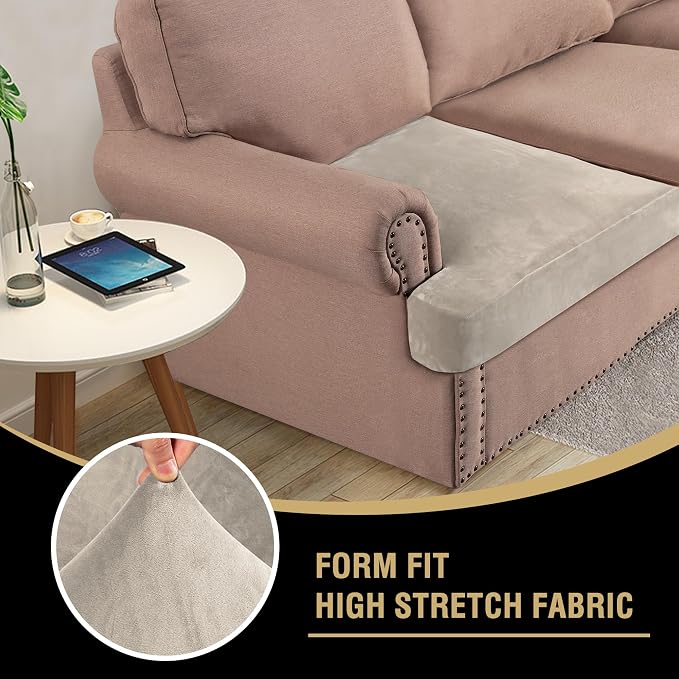H.VERSAILTEX Stretch Velvet 2 Piece T Cushion Sofa Slipcovers for Living Room Individually Sofa Covers for 2 Cushion Seat Cushion Covers Stay with Elastic Bands (Sofa, French Oak)