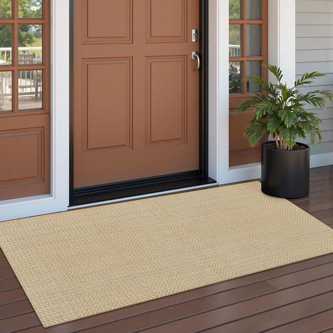 Rugalia Washable Woven Indoor Outdoor Runner Rug, 2x5 Natural Beige Cotton Rug Runners for Hallway Non-Slip Entryway Runner Rugs, Modern Neutral Throw Carpet for Kitchen Porch Entrance