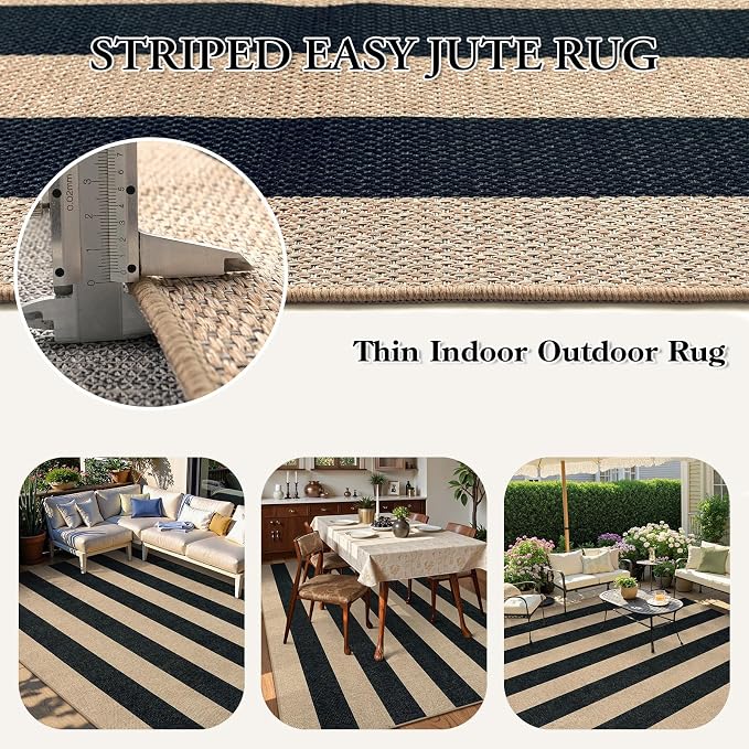 Lahome Striped Easy Jute Dining Room Rug, 6x9 Outdoor Area Rugs Washable | Porch Patio Living Room Rug Black, Modern Farmhouse Neutral Non Slip Low Pile Indoor Carpet for Bedroom Office Backyard