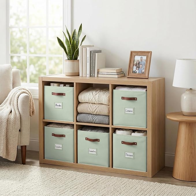 DECOMOMO Storage Bins, Cube Storage Bin with Labels | 10.5" x 11" Fabric Storage Cubes for Shelves (6pcs, Sage Green)