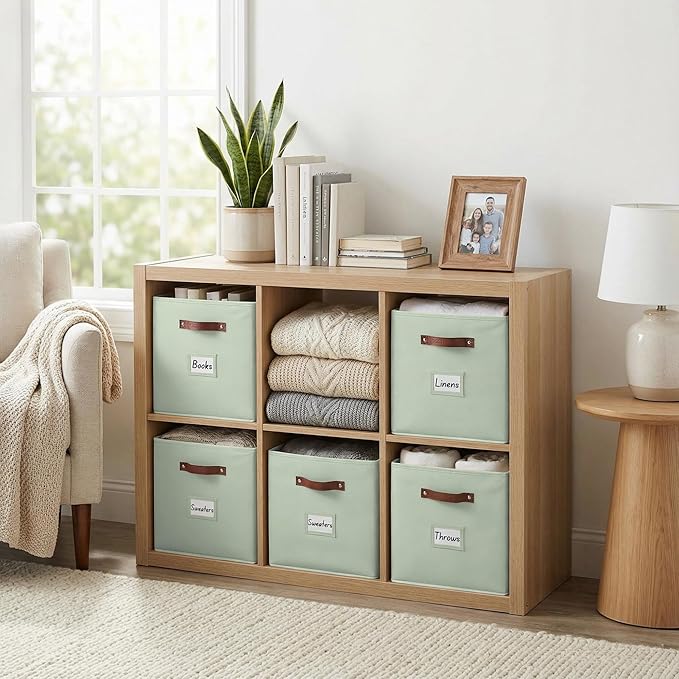 DECOMOMO Storage Bins, Storage Baskets for Shelves | 13" x 15" x 13" Storage Cube Bins with Labels for Organizing Shelves (Kallax, 4pcs, Sage Green)