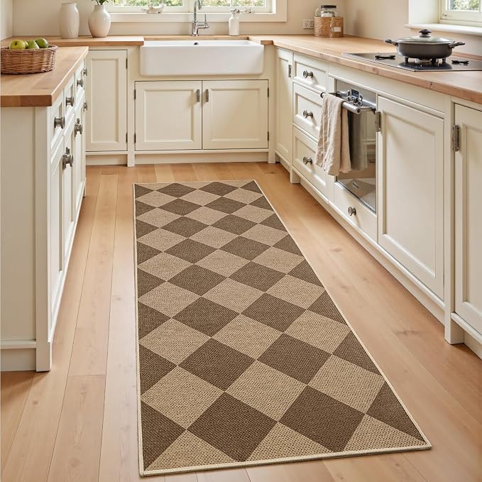 EDIMENS 2x6 Checkered Easy Jute Washable Kitchen Indoor Outdoor Runner Rug | Non Slip Front Door Runner Rug for Laundry Balcony Low Pile Rugs Brown Checkerboard Carpet for Hallway 6ft Entry