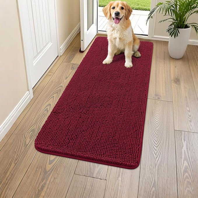 Smiry Dog Door Mat for Muddy Paws 59x24, Absorbent Dirt Trapper, Non-Slip Washable Chenille Entryway Rug for Inside Floor, Burgundy, Classic Solid