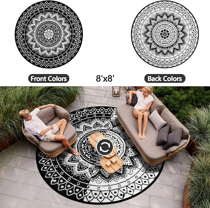 Round Outdoor Rugs for Patios, 8Ft Waterproof Reversible Plastic Straw Mat with Carry Bags, Boho Lightweight Outdoor Carpet Portable Round Floor Mat for Patio Camping Picnic Backyard RV,Black & White