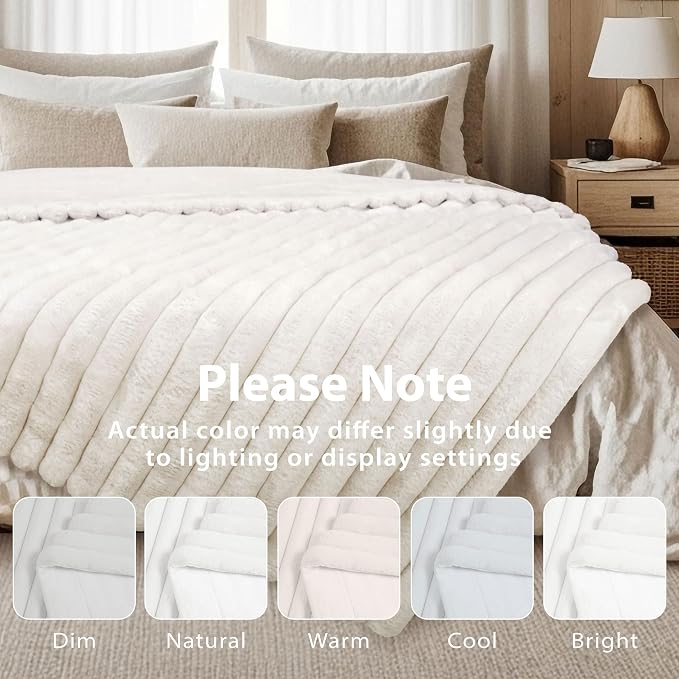 DEZ FURNISHINGS Luxury Reversible Textured Stripe Faux Fur & Velvet Throw Blanket, Throw XL (50" x 70"), White