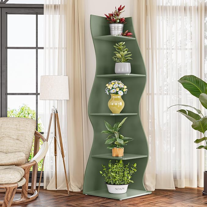 LITTLE TREE Small Corner Shelf, Modern 5-Tier Wall Corner Bookshelf, Stylish Bookcase Storage Rack for Small Space, Living Room, Bedroom, Green, 2 Pack