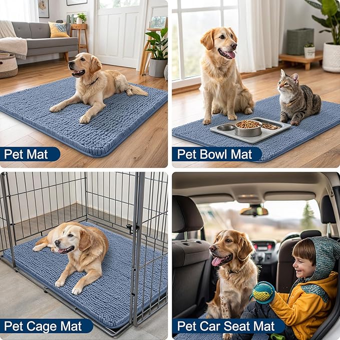 Smiry Dog Door Mat for Muddy Paws 40x24, Absorbent Dirt Trapper, Non-Slip Washable Chenille Entryway Rug for Inside Floor, Airy Blue, Classic Solid