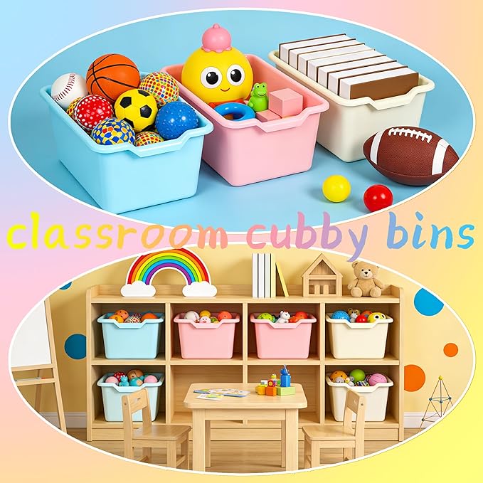 WUWEOT 16 Pack Cubby Bins Classroom Toys Bins, Plastic Books Storage Bins, Easy-to-Grip Stackable Crafts Organizer for Classroom, Nursery, Playrooms And Home Organization