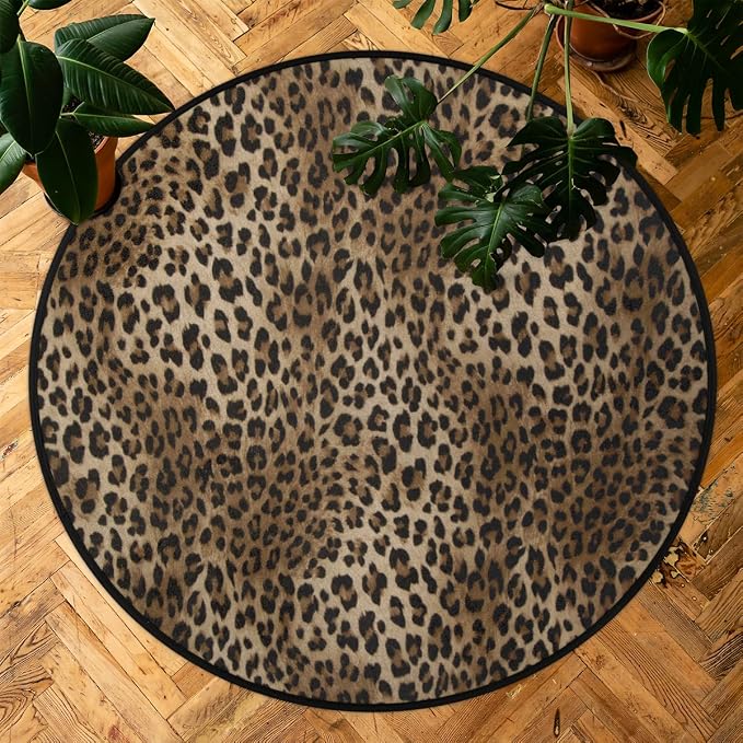 Animal Print Round Area Rug, Leopard Print Non-Slip Circle Rug for Bedroom Living Room Outdoor Study Playing Floor Mat Carpet, 3' Diameter