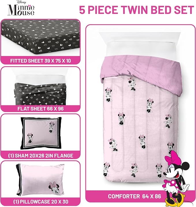 Jay Franco Kids Comforter Set Includes Sheets and Pillow Covers - Soft and Cozy Bed Set for Stylish Room Decor, Official Licensed Bedding, Multi - Minnie Mouse, 5 Piece Twin