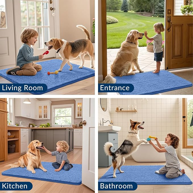 Smiry Dog Door Mat for Muddy Paws 24x16, Absorbent Dirt Trapper, Non-Slip Washable Chenille Entryway Rug for Inside Floor, Cornflower Blue, Classic Solid