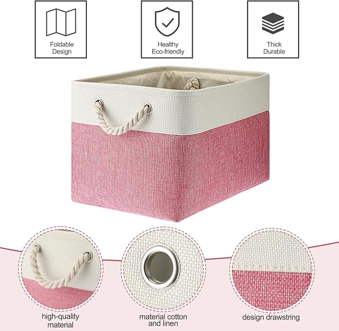 meekoo 8 Pack Collapsible Storage Bins Fabric Storage Bins Polyester Fabric Baskets with Handles Linen Closet Organizer for Shelf Home Closet Towels Toys(15 x 11 x 9.5 in,Pink White)
