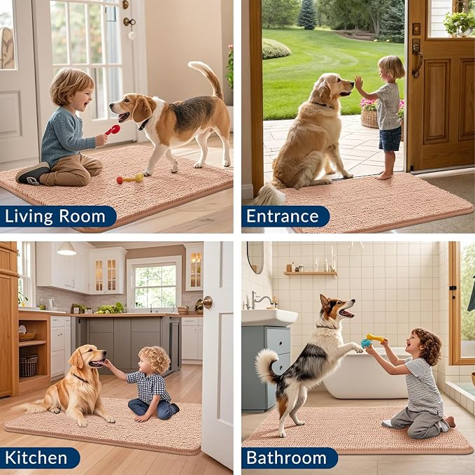 Smiry Dog Door Mat for Muddy Paws 70x24, Absorbent Dirt Trapper, Non-Slip Washable Chenille Entryway Rug for Inside Floor, Peach, Classic Solid