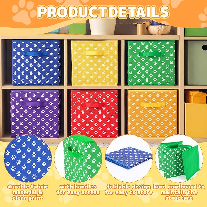 Kathfly 6 Pcs 11" Colorful Fabric Classroom Storage Bins Paw Print Themed Cubby Bins Storage Baskets with Handles for School Classroom Lost and Found Decor Office Home Organizer Supplies
