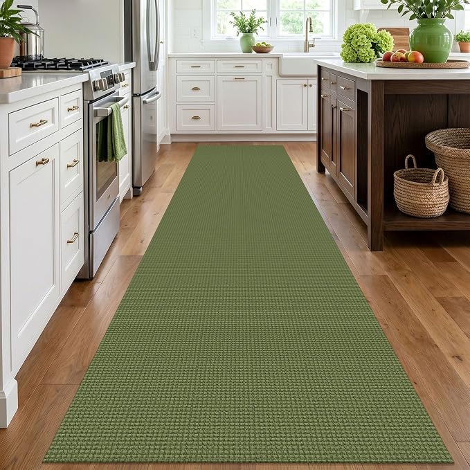IOHOUZE Washable Runner Rug 3x12 Non Slip Rubber Backed Extra Long Hallway Runner Entryway Runner Indoor, Kitchen Rugs Woven Cotton Floor Carpet for Hall Entrance, Olive Green/Earthy Green