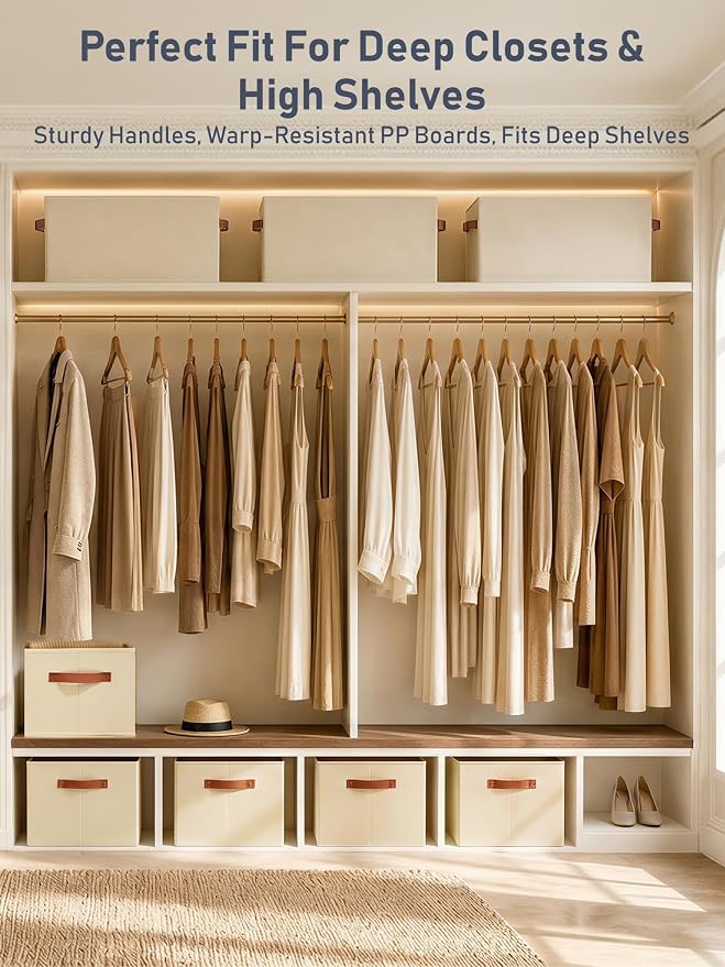 8 Pack Large Closet Storage Baskets Bins for Shelves, Collapsible Fabric Closet Organizers and Storage with Polyester Handles, Decorative Baskets for Organizing Clothes, Towels, Linen Closet 16x12x10"