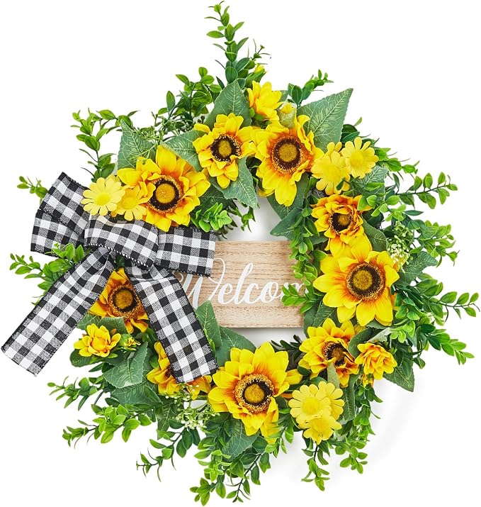 Garvee 20 Inch Sunflower Wreath with Welcome Sign, Spring Summer Wreaths for Front Door with Yellow Blooms and Buffalo Plaid Bow, for Farmhouse Porch Window Wall Home Decor