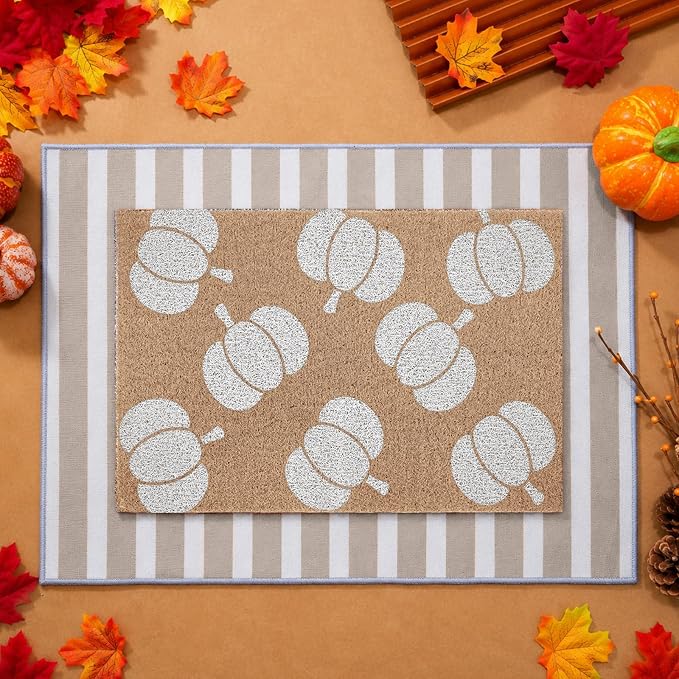 2Pcs Fall White Pumpkin Doormats Autumn Buffalo Plaid Striped Door Mats Set Outside Inside Entrance Porch Rugs Durable Scraping Wire Loop Crystal Velvet Floor Mat for Thanksgiving Decor 24x32