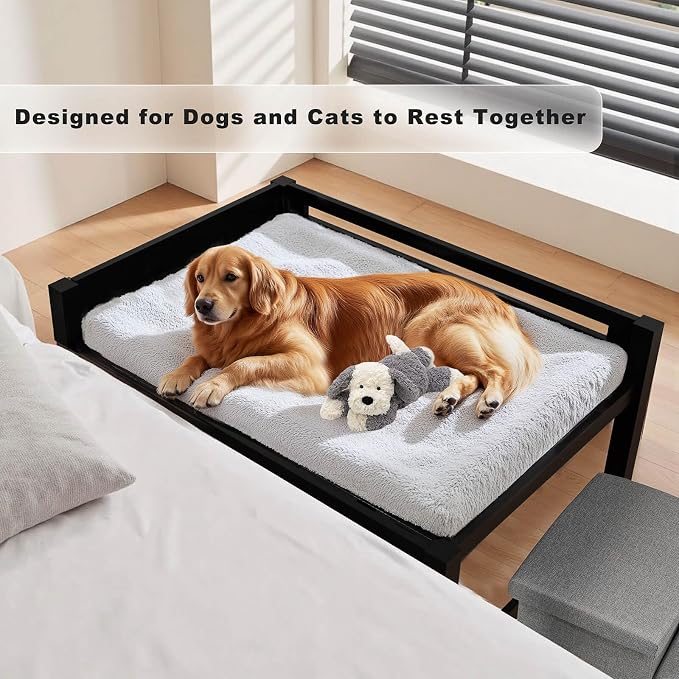 Wooden Bedside Dog Bed with Stairs, 41‘’x27'' Dog Co-Sleeper for Human Bed, Pet Bunk Bed with Removable Mattress, Foldable 3-Step Stairs and Guardrails for Large Dogs