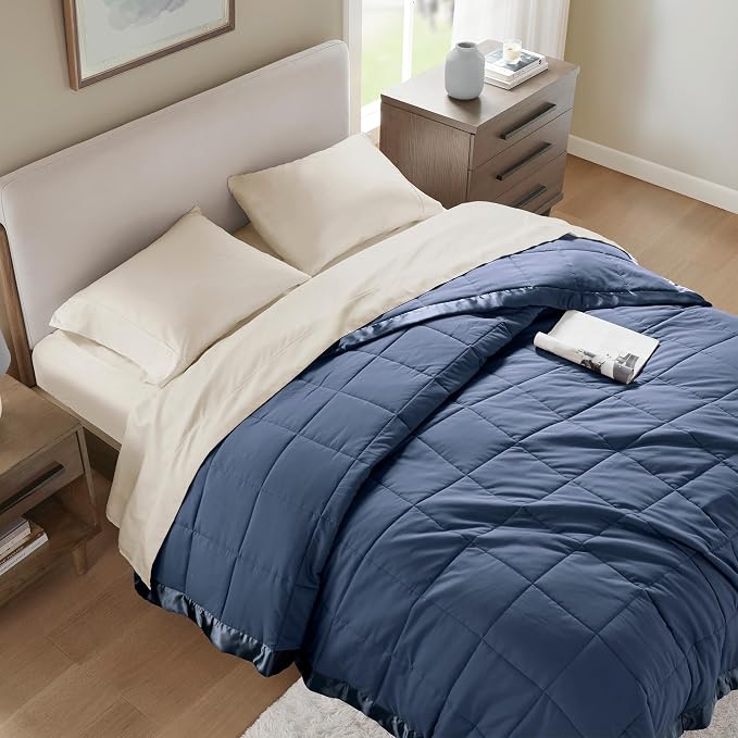 Madison Park Down Alternative Queen Blanket for Bed, Satin Trim, Navy | Lightweight Windom Blanket Full Size Premium 3M Scotchgard Moisture Wicking Treatment, OEKO TEX, Soft Bed Cover, All Season