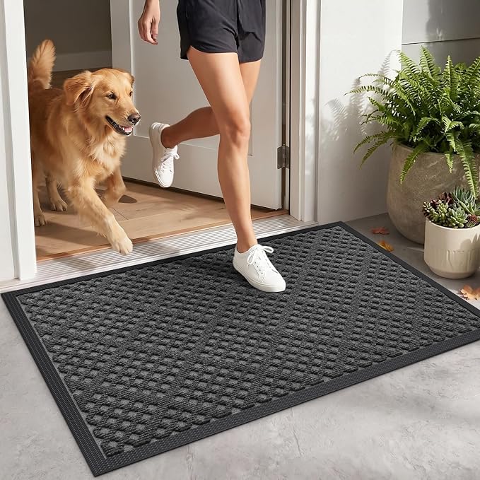 DEXI Front Door Mat Outside Entrance, 17x30 Heavy Duty Entry Doormat Dirt Trapper with Rubber Back, Non Slip Low Profile Floor Mats for Entryway Exterior Patio, Rhombic Grey