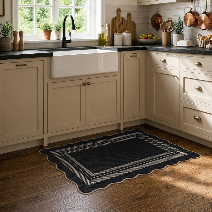 LIVEBOX Scalloped Easy Jute 2x3 Front Door Mat Black Kitchen Rug, Washable Small Indoor Outdoor Rug for Entryway, Tan Non Slip Farmhouse Area Rugs, Neutral Carpet Doormat for Porch Doorway Foyer