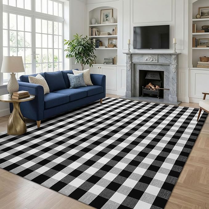 KOZYFLY Buffalo Plaid Area Rug 8x10 Living Room Rug Washable Cotton Black and White Checkered Rugs Outdoor Carpet for Dining Room Bedroom Farmhouse Patio Rugs