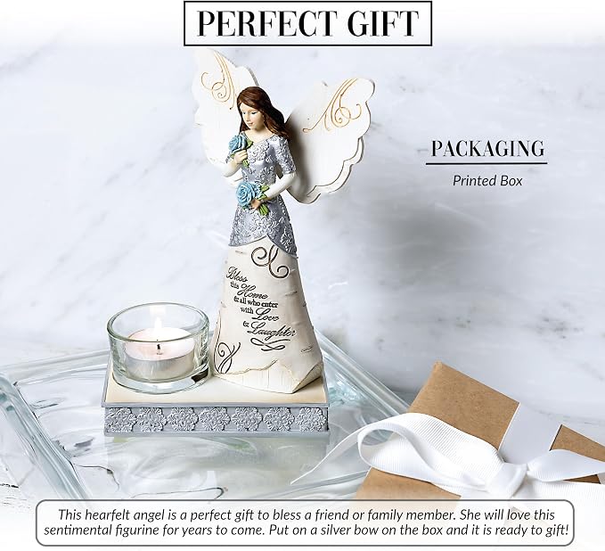 Pavilion Gift Company - Bless This Home - 6.75" Angel Figurine Tealight Candle Holder Religious Bestie BFF Best Friend God Jesus Lover Christian Christ Gift Housewarming Present