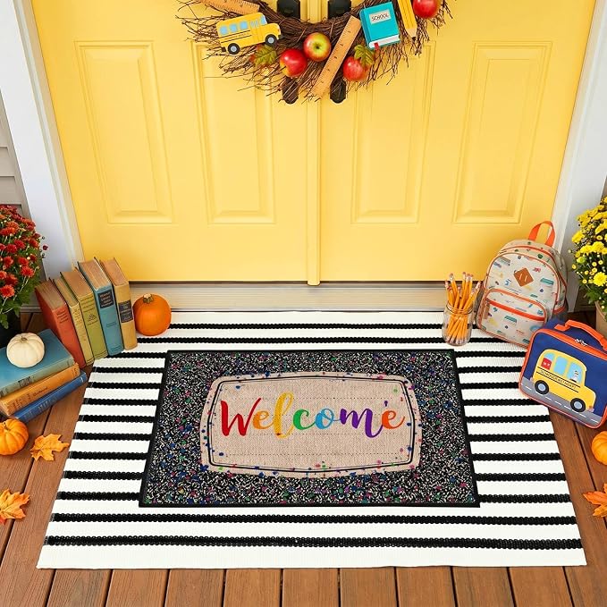 Moucuny 2 Pcs Classroom Doormats Set, Composition Notebook Crystal Velvet Mat Non-Slip Teacher Doormat, Black and White Rug Educational Area Decor for Kindergarten Primary School