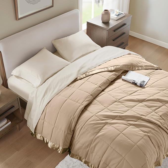 Madison Park Down Alternative Twin Size Blanket for Bed, Satin Trim, Brown | Lightweight Windom Blanket Premium 3M Scotchgard Moisture Wicking Treatment, OEKO TEX, Soft Bed Cover, All Season