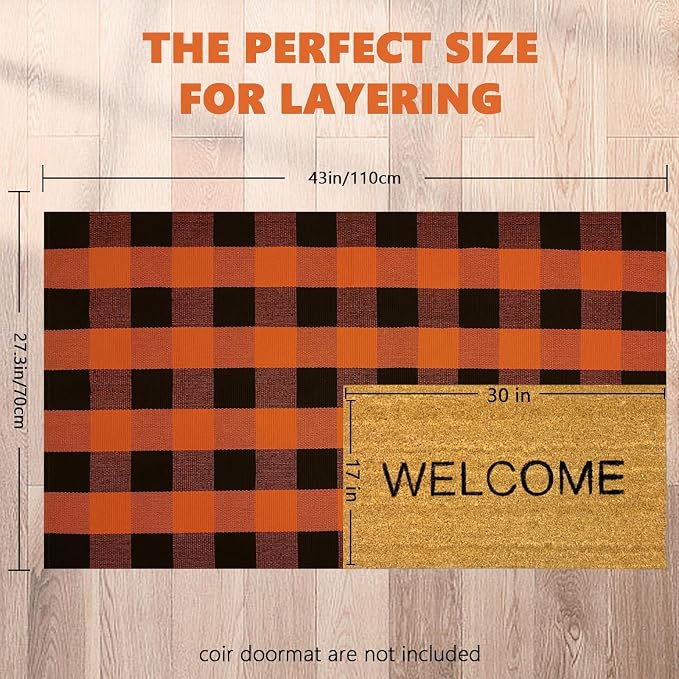 Buffalo Plaid Area Rug, Checkered Rug 27.5x43 Inches, Black and Orange Rug, Washable Cotton Mat for Front Porch, Entryway, Kitchen, Living Room, Halloween Decor