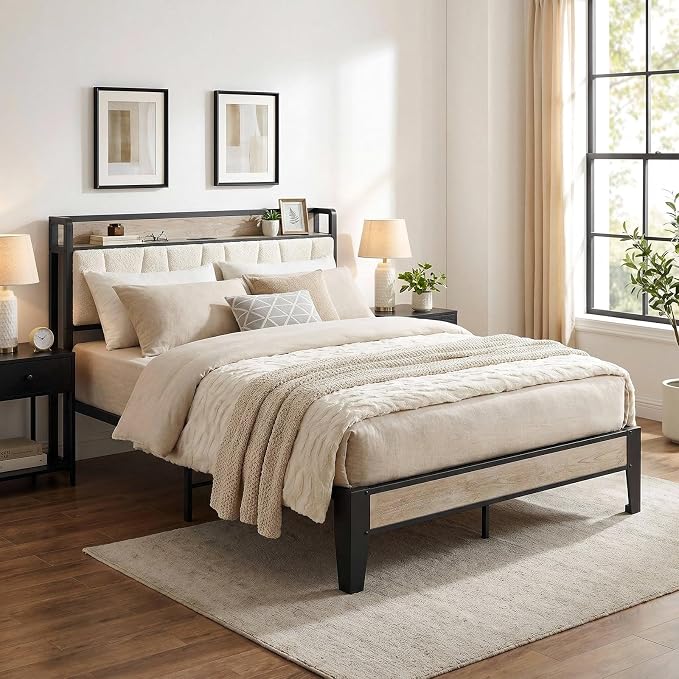 LIKIMIO Queen Bed Frames, Bouclé Storage Headboard with Charging Station, Solid and Stable, Noise Free, No Box Spring Needed, Easy Assembly