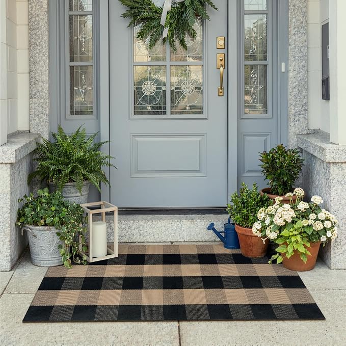 KIMODE Front Door Mat Outside Entrance 24"x51",Black and Tan Checkered Outdoor Rug,Farmhouse Fall Front Porch Rug Decor,Cotton Woven Washable Layering Rug for Front Door,Outside Entrance,Kitchen