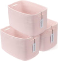 XUANGUO Woven Cotton Rope Storage Baskets 15x10x9.3" 3 Pack Light Pink | Decorative rectangular storage baskets for shelves and closets; storage bins organize clothes, toys, books and nursery items.