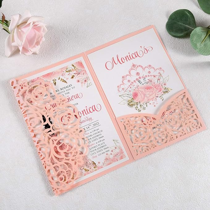 50PCS Personalized Pink Quinceanera Invitations with Envelopes | 4.7x7 inch, Laser Cut Hollow Rose Pocket, Invitation Cards for Miss XV, Sweet 16, 18th Birthday, Quince Invite