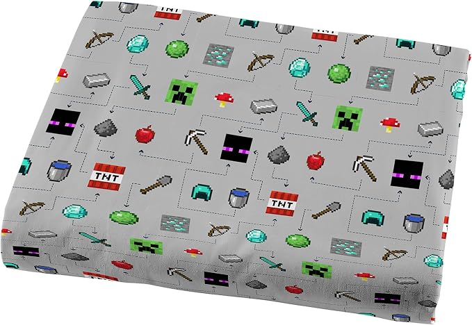 Jay Franco Kids Sheet Set with Fitted, Flat Sheets & Pillow Cover - Ultra-Soft Bedding with Pillowcase for Room Decor, Gray - Minecraft, 3 Piece Twin