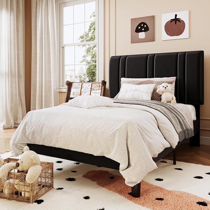 SHA CERLIN Twin Size Velvet Bed Frame with Adjustable Headboard, Black | Vertical Channel Tufted Design, Upholstered Platform Bed, Wood Slats Support/No Box Spring Needed/Easy Assembly