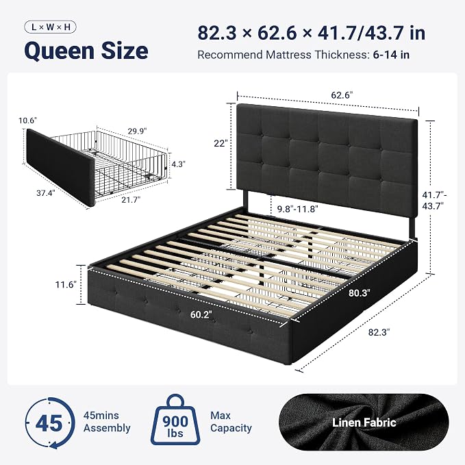 Allewie Upholstered Queen Size Platform Bed Frame with 4 Storage Drawers and Headboard, Square Stitched Button Tufted, Mattress Foundation with Wooden Slats Support, No Box Spring Needed, Dark Grey