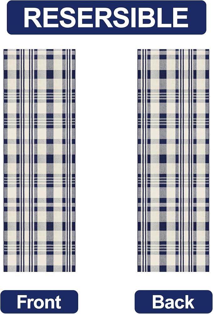 Buffalo Plaid Runner Rug 3x10 Feet Navy and Off White Hallway Runner Rug Cotton Woven Rug Farmhouse Checkered Rug Washable Runners for Entryway Kitchen Bedroom Living Room