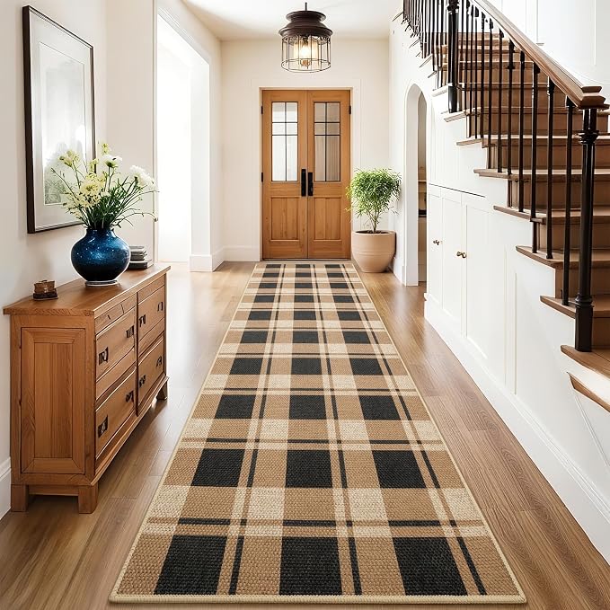AROGAN Checkered Jute Runner Rug for Hallway, 2x8 Kitchen Runner Washable Rugs Carpet, Long Farmhouse Design Geometric Rugs for Entryway Indoor Laundry Welcome Mat 8 Ft Entry, Black and Brown