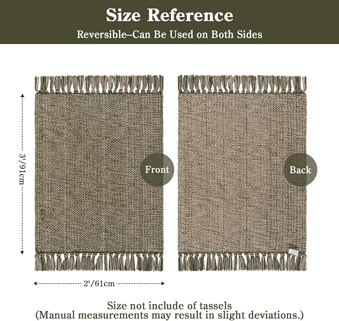 Collive Boho Bathroom Rug 2' x 3', Modern Farmhouse Rugs for Entryway Moss Green Washable Kitchen Mat, Hand-Woven Low Profile Front Door Mat Reversible Porch Carpet for Laundry Bedroom Decor