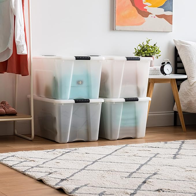 IRIS USA 4-Pack 72 Quart Storage Bins with Lids, Pearl | Conceals contents for a clean look. Perfect for moving, blankets, clothing, and garage storage. Nestable design saves space