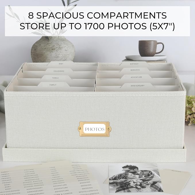 ZICOTO Decorative Photo Storage Box - Sturdy Linen Photo Organizer with Dividers is Perfect to Store Up to 1700 Pictures and 5x7 Photos - Portable Scrapbook Storage Containers with Lid