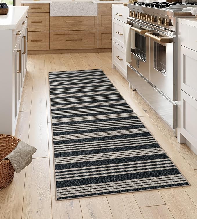 Lahome Striped Easy Jute Kitchen Runner Rug, 2x6 Washable Rugs for Entryway | Indoor Outdoor Non Slip Black Runners for Hallways, Modern Farmhouse Non Shedding Carpet for Laundry Room Front Porch Entry