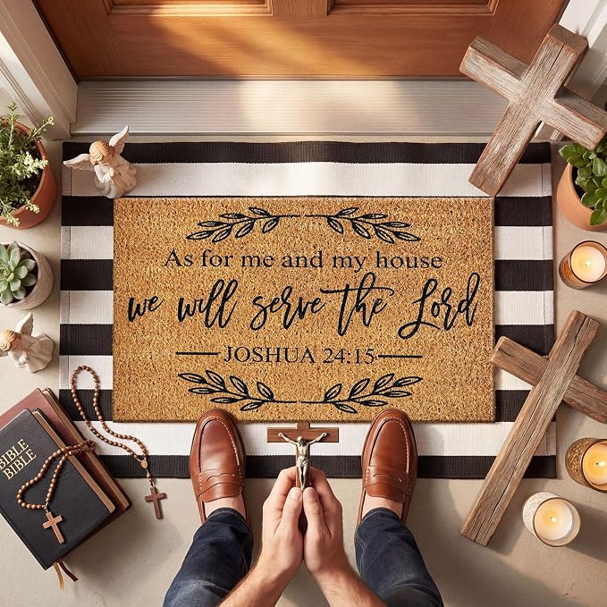 Moucuny 2 Pcs Christian Door Mat 24'' x 35'' Black and White Striped Outdoor Rug 16'' x 28'' as for Me and My House We Will Serve the Lord Non Slip Welcome Coir Mat for Front Decor