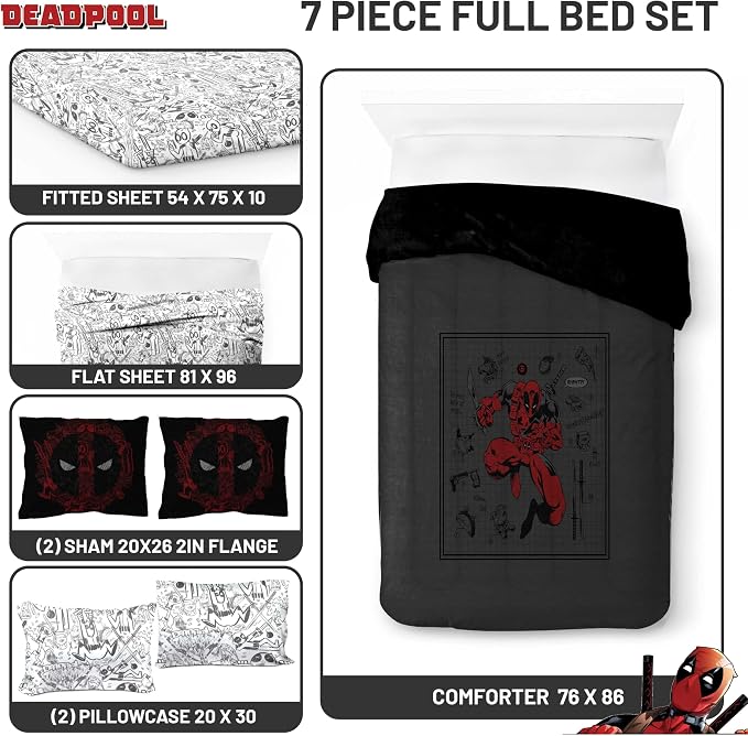 Marvel Deadpool Full Comforter Set 7 Piece Soft Bedding for Boys, Gray | Bed in a Bag, Comforter Sheets Shams Pillowcases, Official Product, Soft Microfiber, Machine Washable, Boys Gift