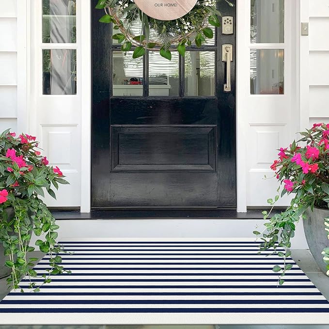 IOHOUZE Striped Area Rug 2.3'x3.6' Front Door Rugs Small Washable Area Rug for Front Porch, Spring Summer Welcome Door Mats Outdoor Indoor, Doormat for Entryway Porch Entrance, Navy/White