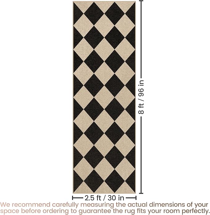 Washable Checkered Easy Jute Runner Rug, 2x8 Black Diamond Checkerboard Boho Geometric Outdoor Indoor Patio Rug, Low Pile Lightweight Non Slip Long Runner Carpet for Hallway Kitchen 8ft Entryway Porch