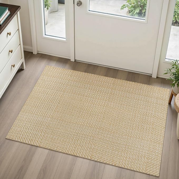 Rugalia Washable Woven Indoor Outdoor Doormat, 2x3 Natural Beige Cotton Small Entryway Rug Low Pile Non-Slip Kitchen Rug, Modern Farmhouse Neutral Throw Rug for Porch Bathroom Entrance Bedroom
