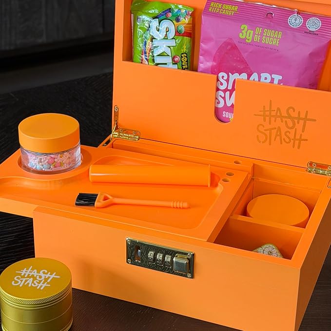 HASHSTASH The OG Storage Box - Large Bamboo Box with Combination Lock, Magnetic Lid, Organizer Tray, Airtight Tube and 3 Jars - Discreet Decorative Locking Wooden Box with Accessories (Neon Orange)